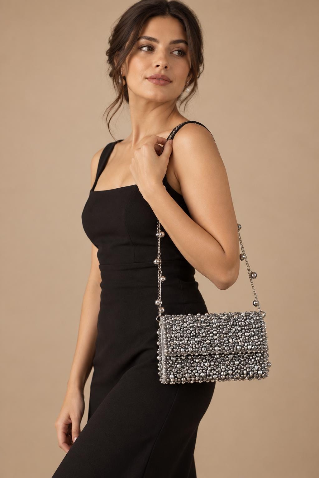 Handcrafted Silver Embroidered Clutch with Chain