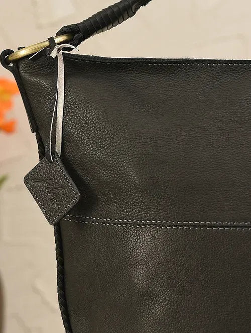 Black Genuine Leather Tote Bag with Black Sling Strap