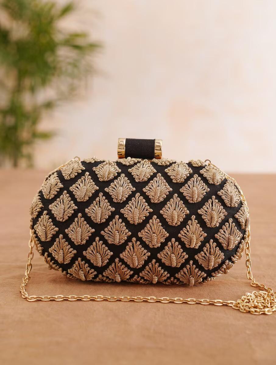 Handcrafted Black and Gold Embroidered Silk Clutch