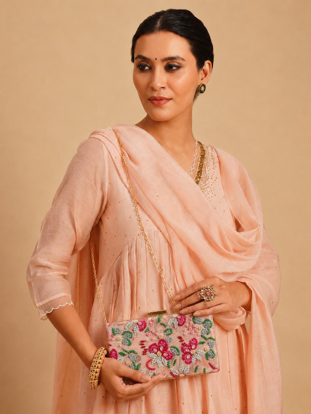 Handcrafted Blush Pink Embroidered Clutch with Chain