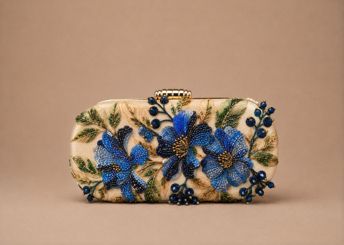 Handcrafted Beige Oval Floral Embroidered Clutch