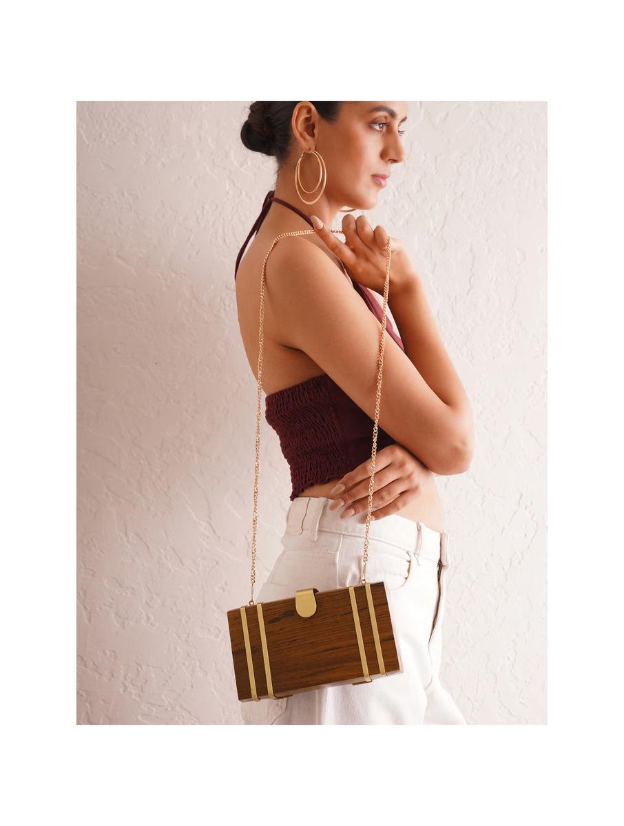 Handcrafted Wooden Rectangular Clutch with Brass Handle