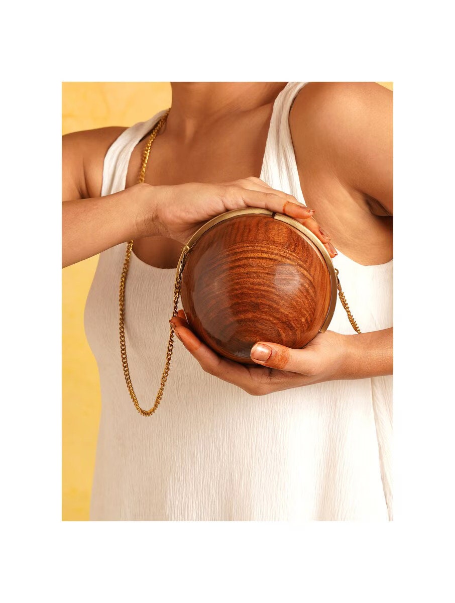Handcrafted Wooden Ball Clutch with Gold Chain