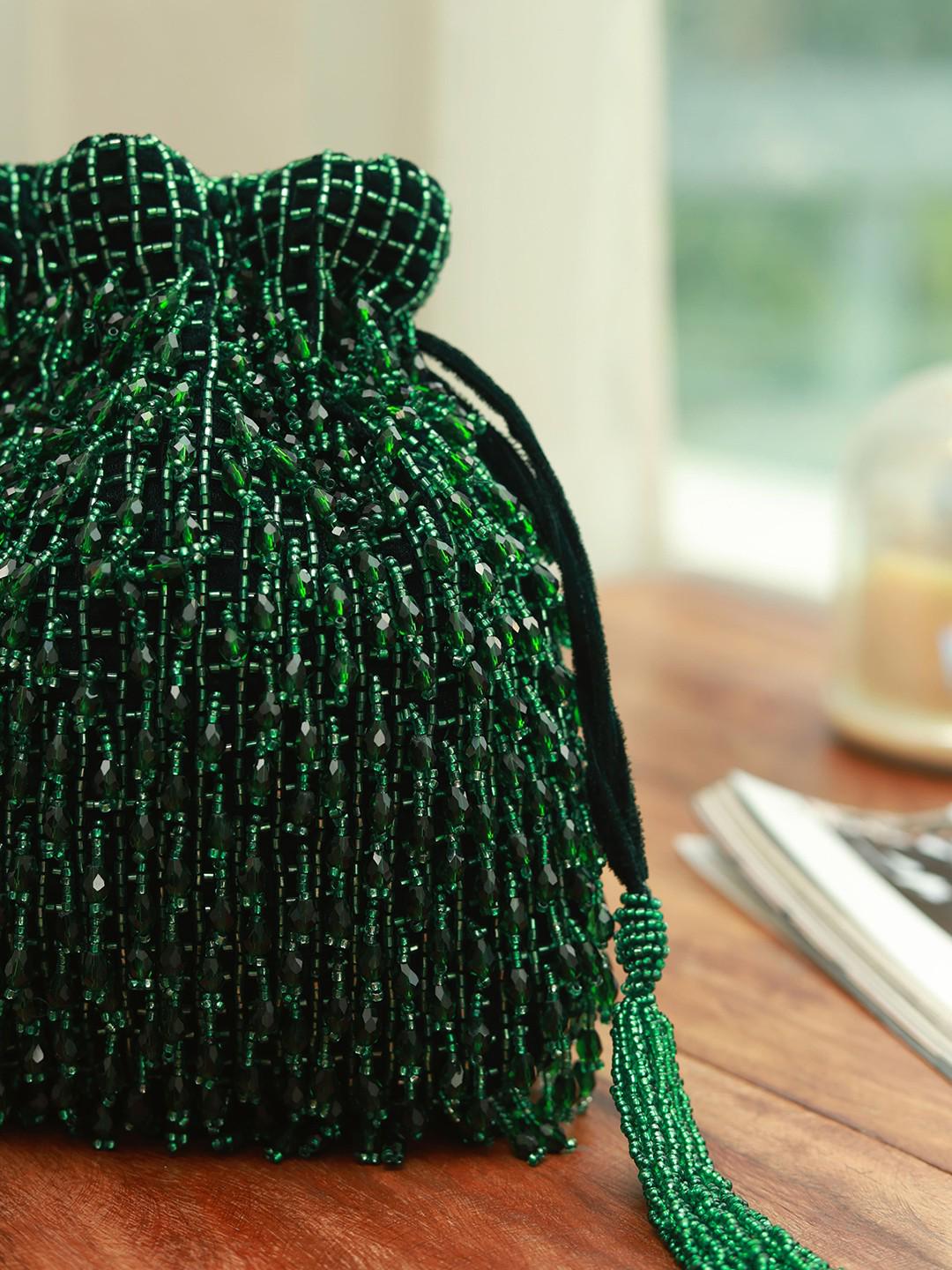Green Beaded Potli Bag with Drawstring Closure