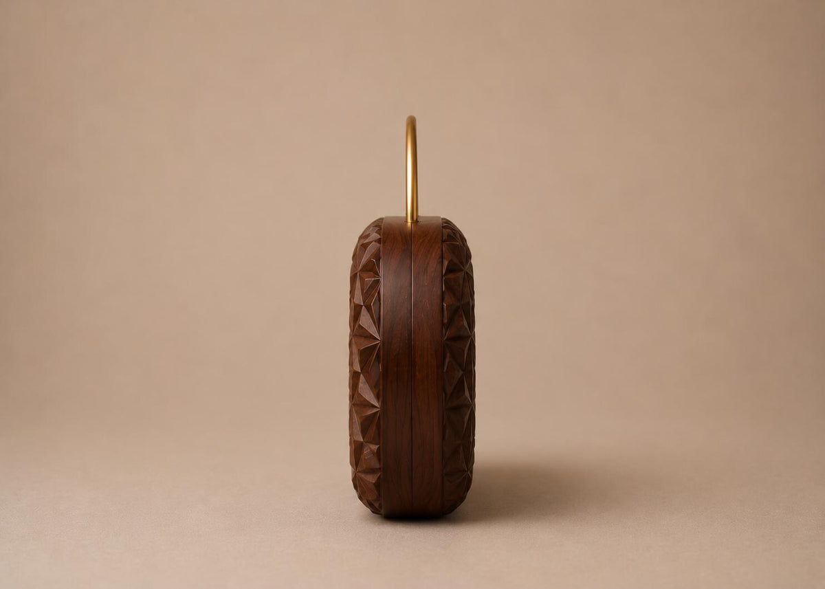 Handcrafted Engraved Oval Wooden Clutch with Brass Handle