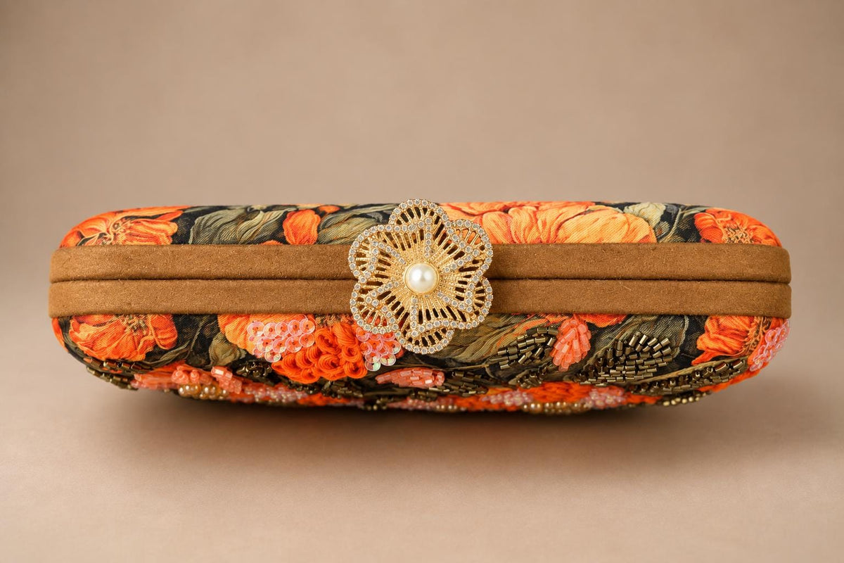 Handcrafted Black Clutch with Orange Floral Embroidery