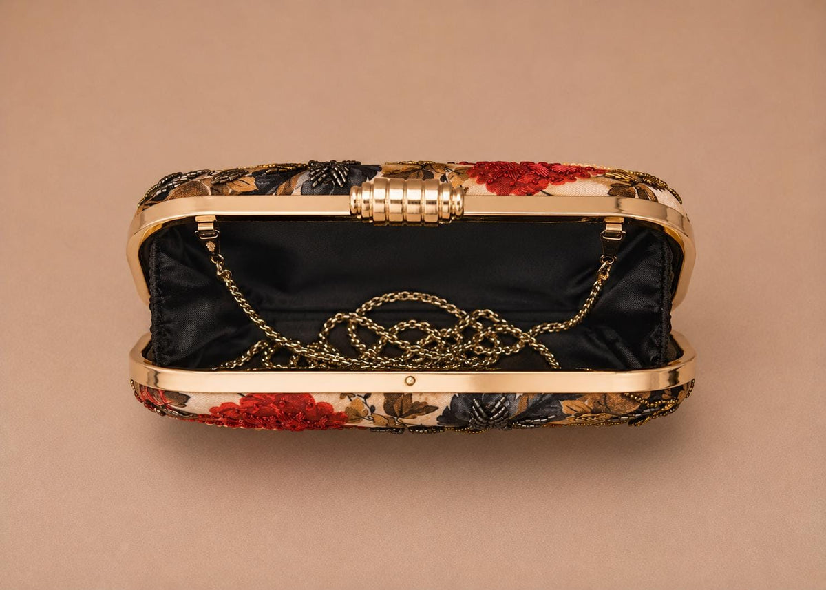 Handcrafted Beige Oval Floral Embroidered Clutch