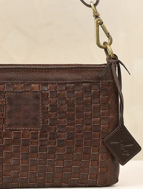 Brown Woven Leather Crossbody Bag