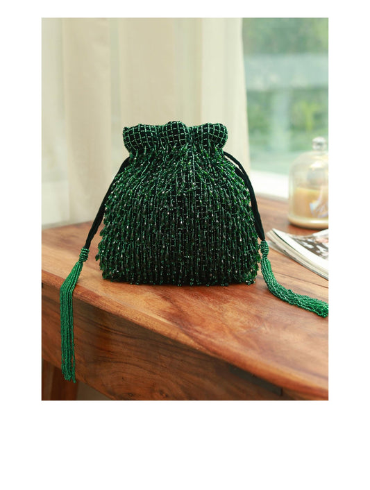 Green Beaded Potli Bag with Drawstring Closure