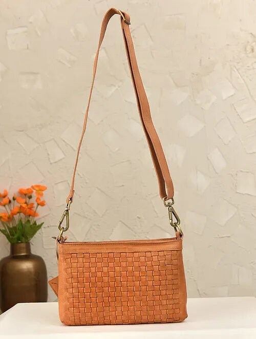 Brown Woven Leather Crossbody Bag