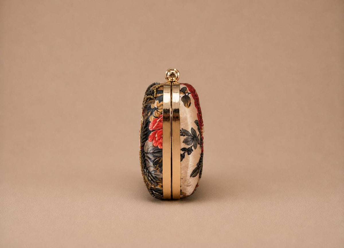 Handcrafted Beige Oval Floral Embroidered Clutch