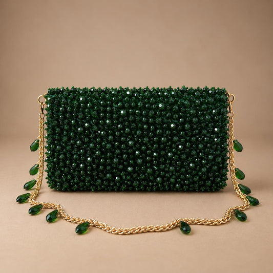 Green Beaded Embroidered Clutch with Gold-Tone Chain