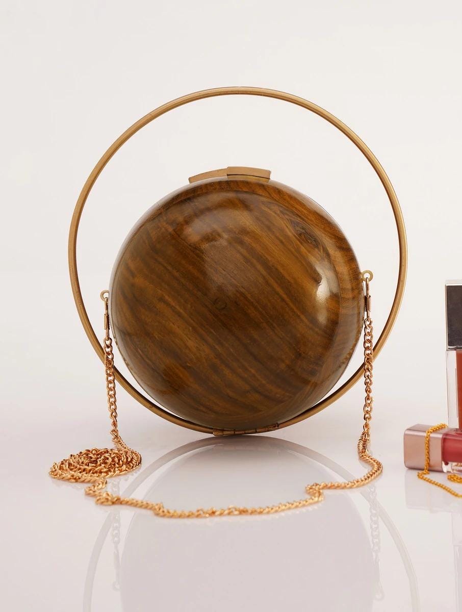 Handcrafted Wooden Ball Clutch with Brass Handle