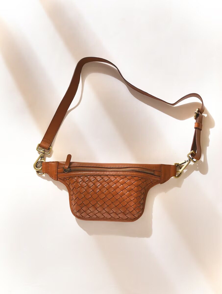 Tan Brown Woven Leather Belt Bag