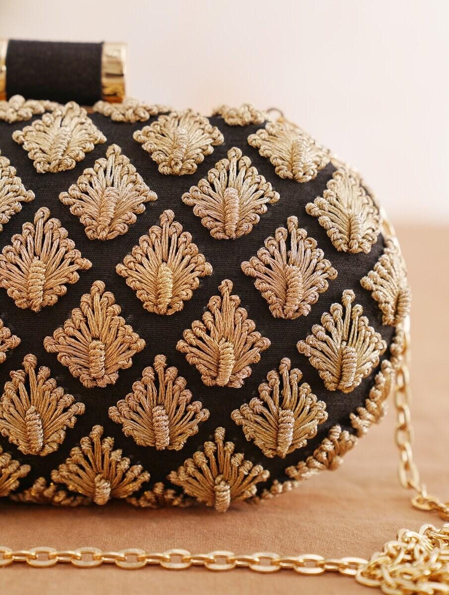 Handcrafted Black and Gold Embroidered Silk Clutch