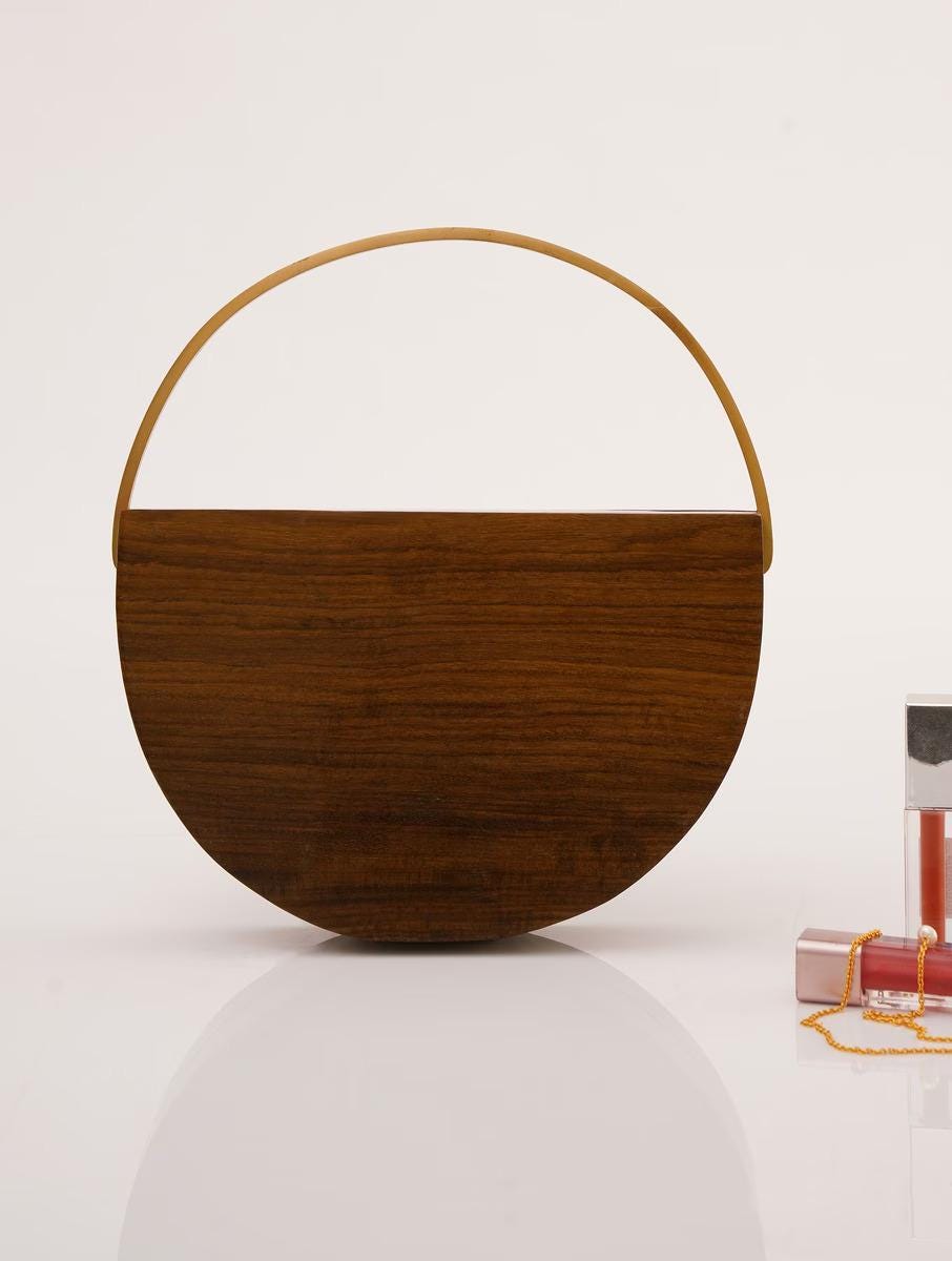 Handcrafted Wooden Half-Moon Clutch with Brass Handle