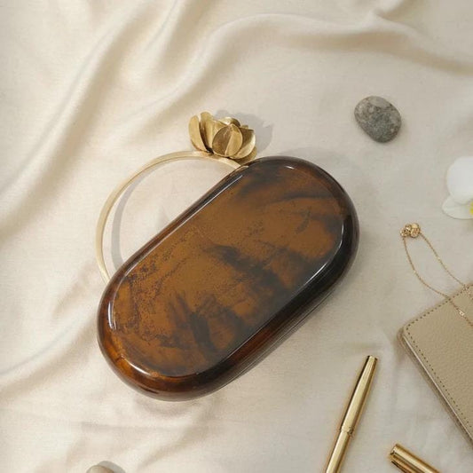 Handcrafted Brown Marble Resin Clutch with Brass Handle