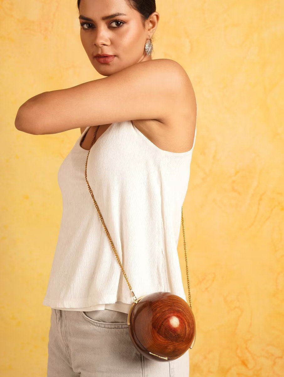 Handcrafted Wooden Ball Clutch with Gold Chain