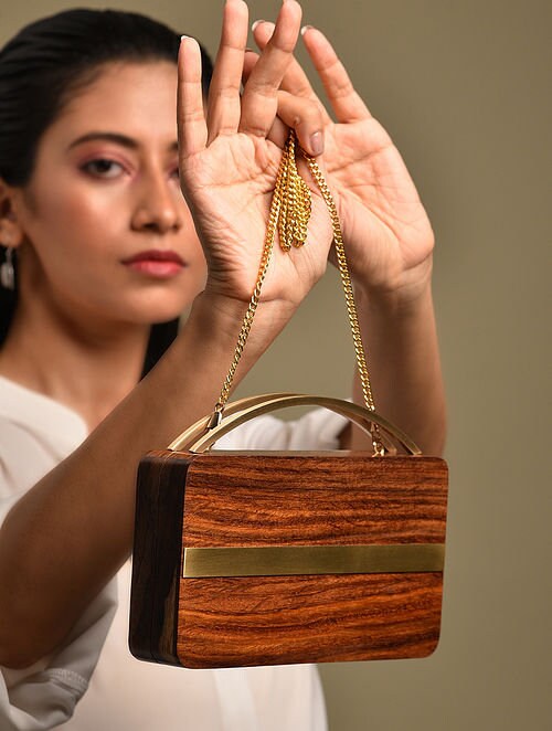 Handcrafted Wooden Clutch with Curved Handle