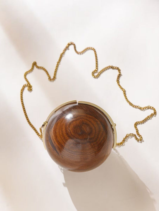 Handcrafted Wooden Ball Clutch with Gold Chain