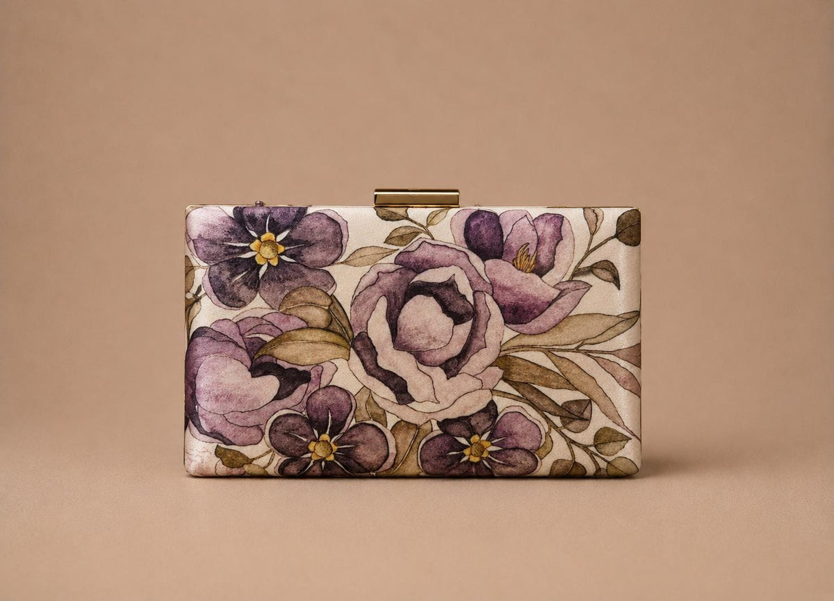 Handcrafted Beige Floral Embroidered Clutch with Gold-Tone Frame