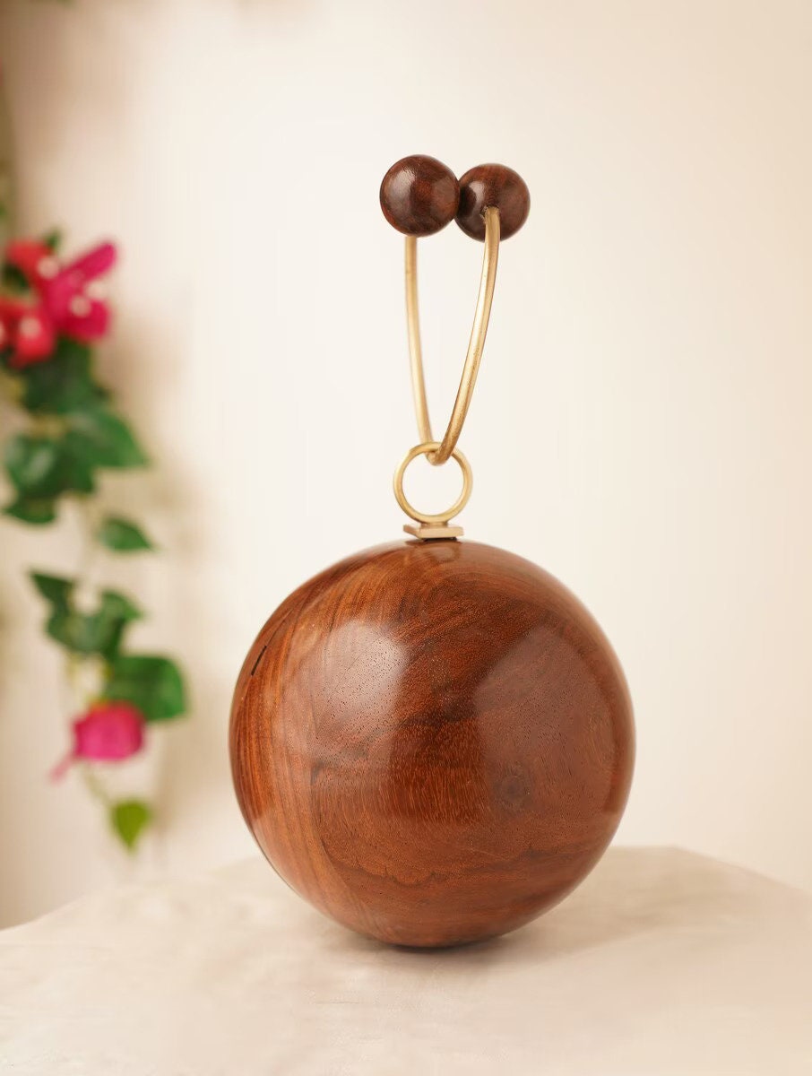 Handcrafted Wooden Orb Clutch with Double-Sphere Handle