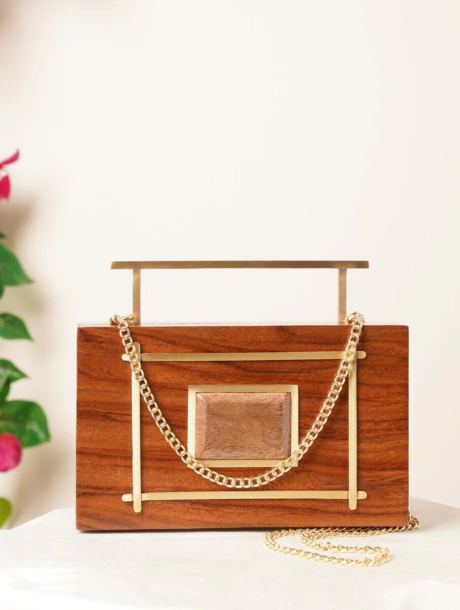 Handcrafted Wooden Rectangular Clutch with Brass Frame