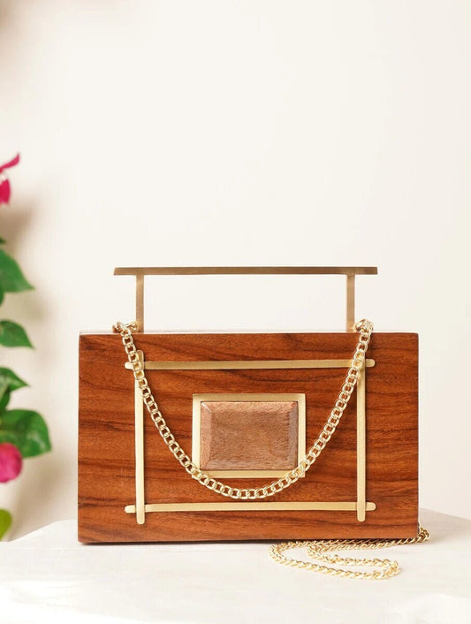 Handcrafted Wooden Rectangular Clutch with Brass Frame
