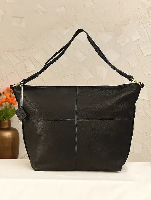 Black Genuine Leather Tote Bag with Black Sling Strap