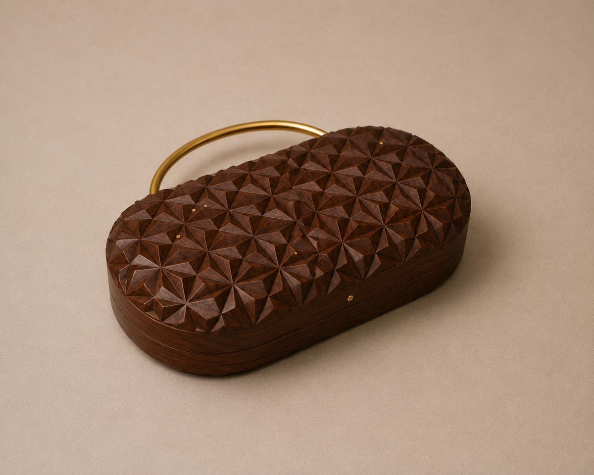 Handcrafted Engraved Oval Wooden Clutch with Brass Handle