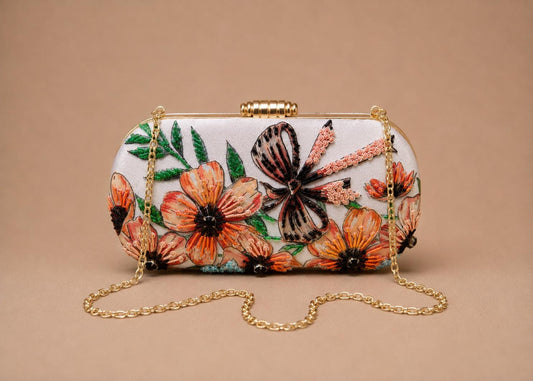 Handcrafted Light Blue Oval Floral Embroidered Clutch