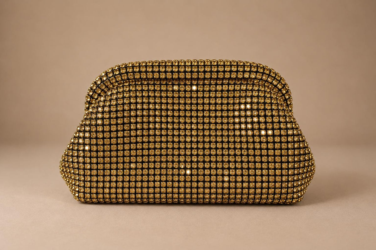 Gold Embellished Evening Clutch with Chain Strap