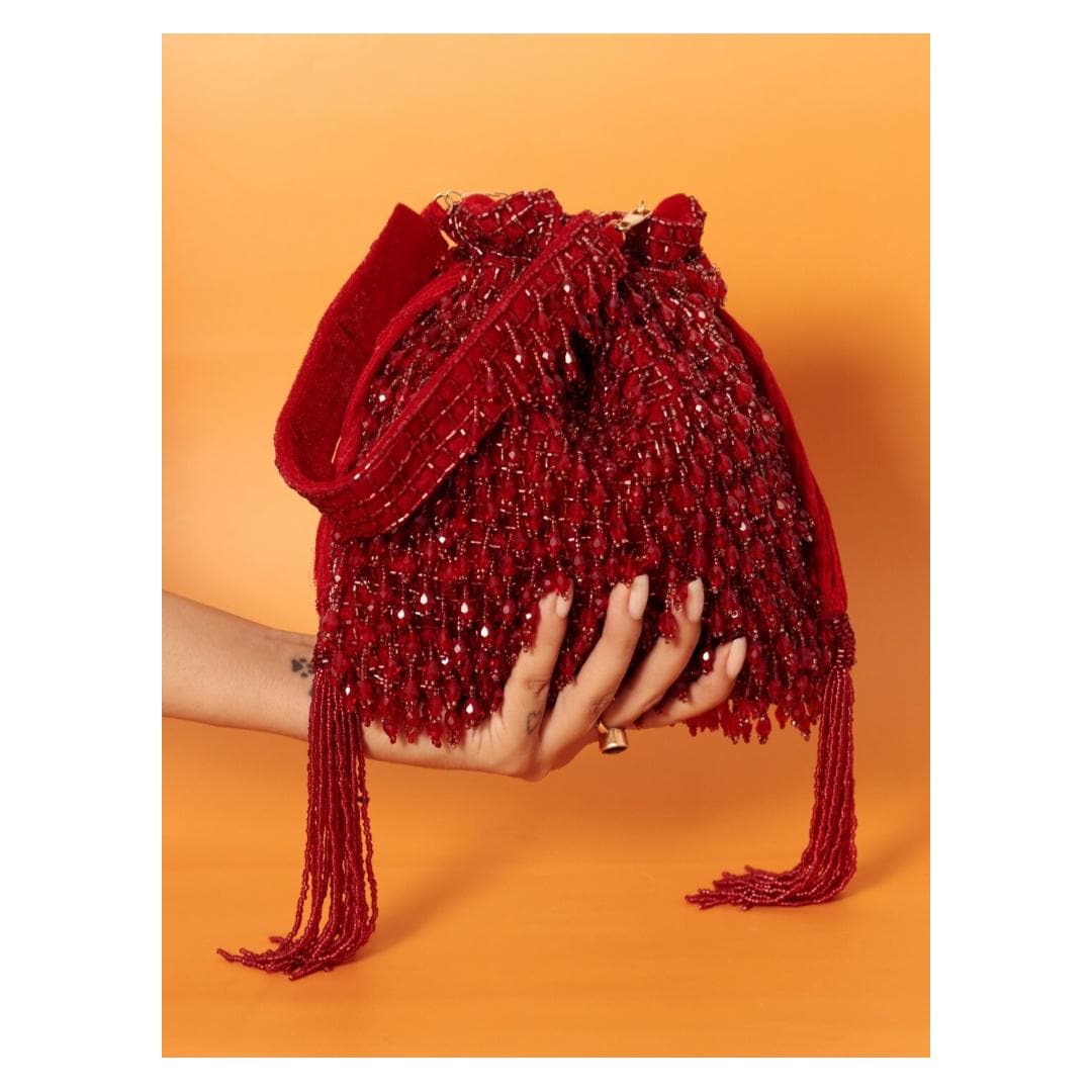 Red Handcrafted Embroidered Potli Bag with Tassels