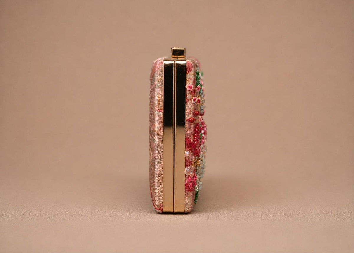 Handcrafted Blush Pink Embroidered Clutch with Chain