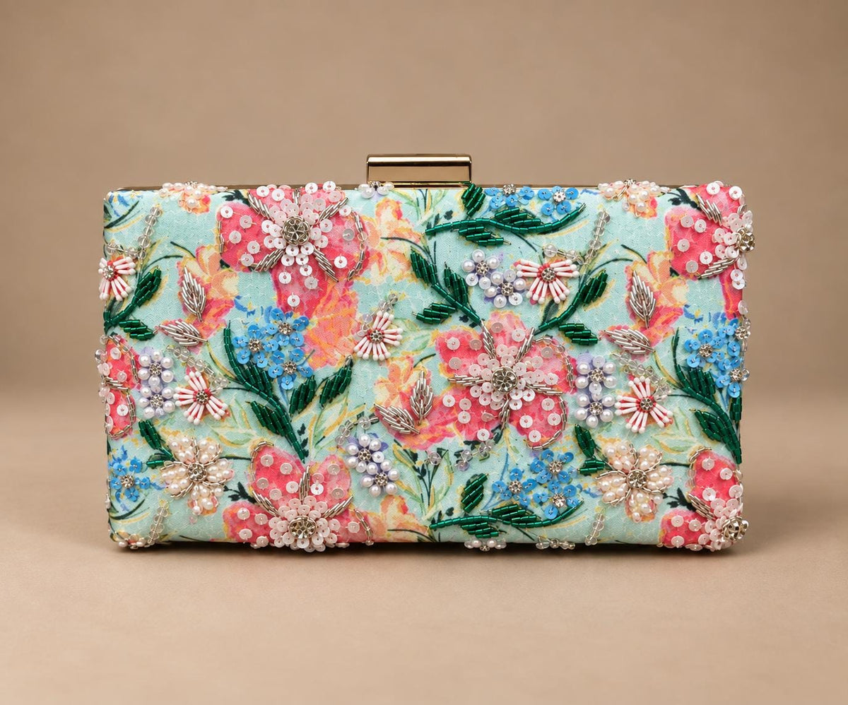 Handcrafted Light Blue Floral Embroidered Clutch