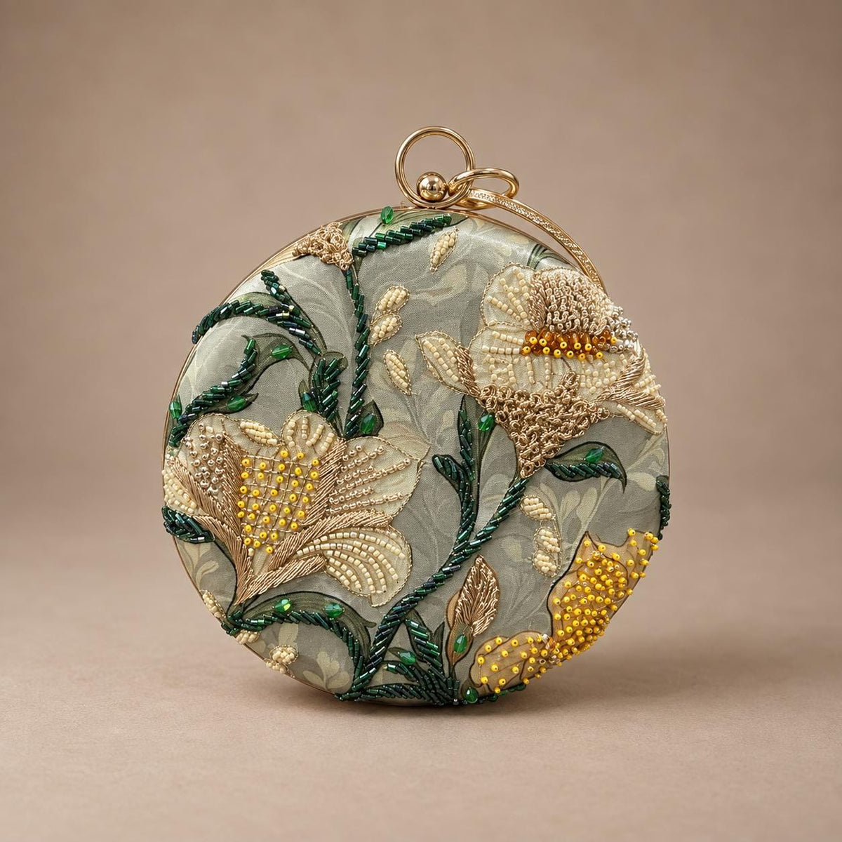 Handcrafted Light Green Round Floral Embroidered Clutch
