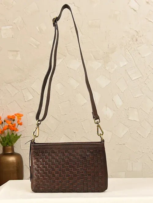Brown Woven Leather Crossbody Bag