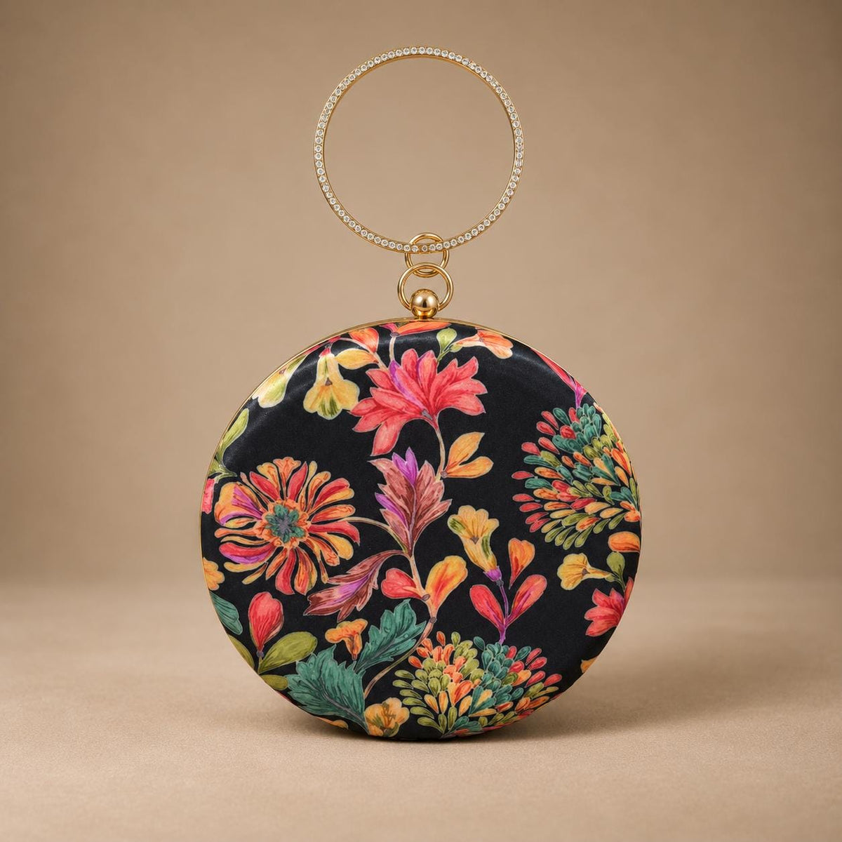 Handcrafted Black Floral Embroidered Round Clutch