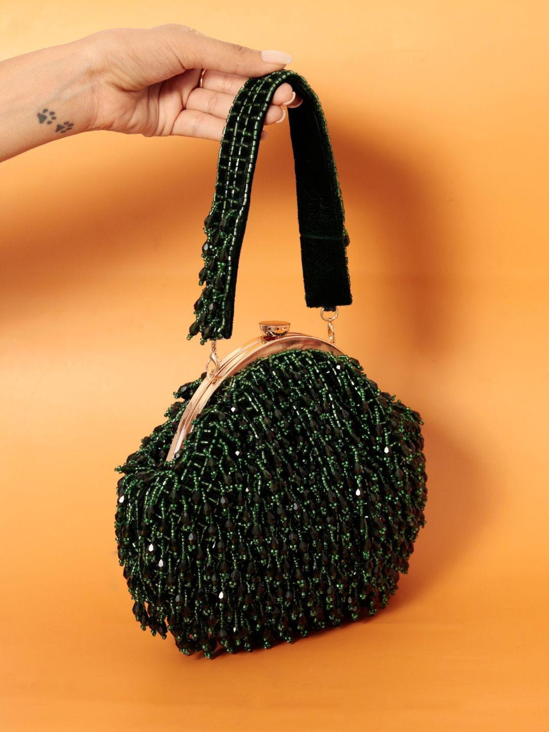 Dark Green Embellished Potli Bag with Handle