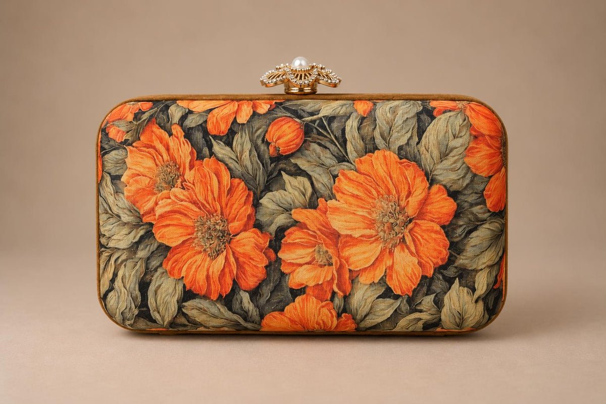 Handcrafted Black Clutch with Orange Floral Embroidery