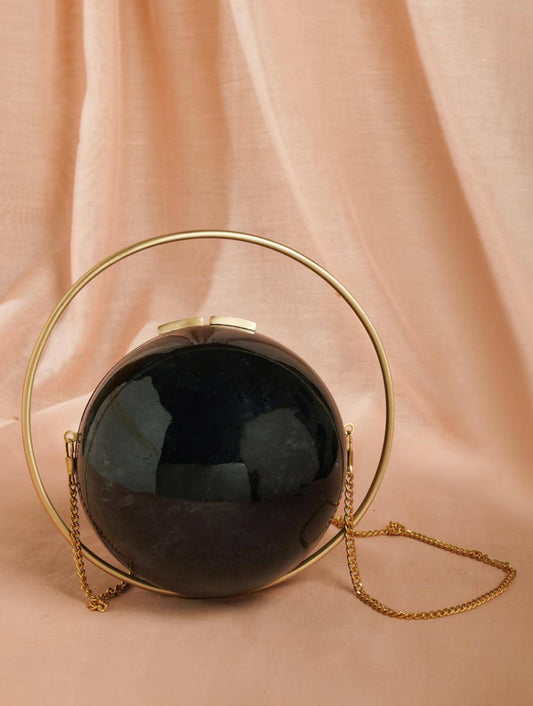 Black Marble Resin Clutch with Brass Handle