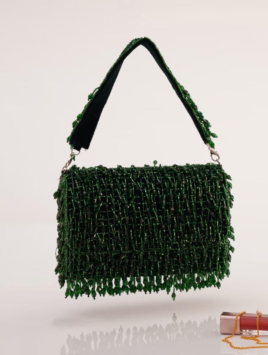 Green Embroidered Clutch Bag with Chain Strap