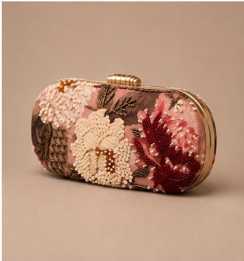 Handcrafted Blush Pink Floral Embroidered Clutch
