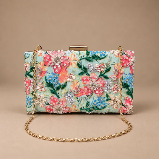 Handcrafted Light Blue Floral Embroidered Clutch