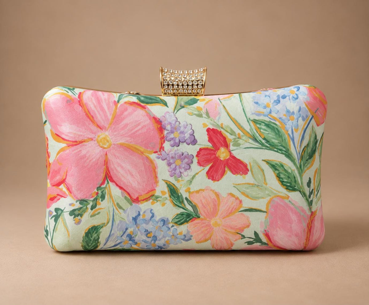 Handcrafted Light Green Floral Embroidered Clutch