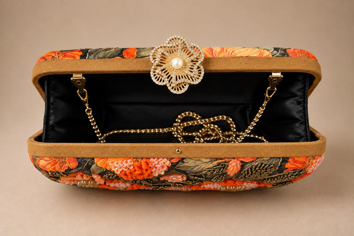 Handcrafted Black Clutch with Orange Floral Embroidery