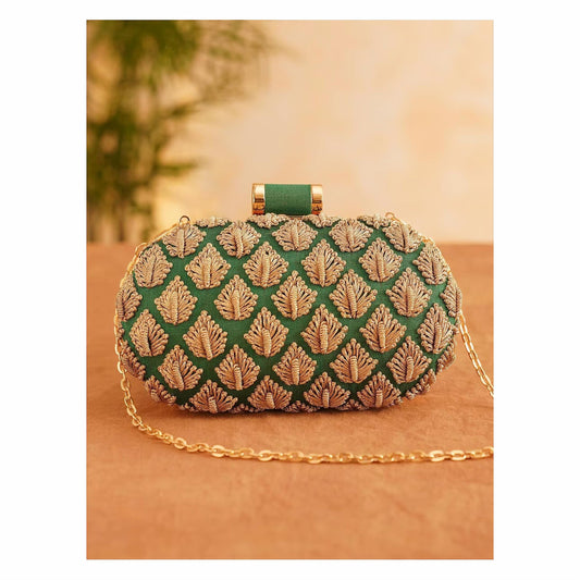 Handcrafted Green Silk Embroidered Clutch