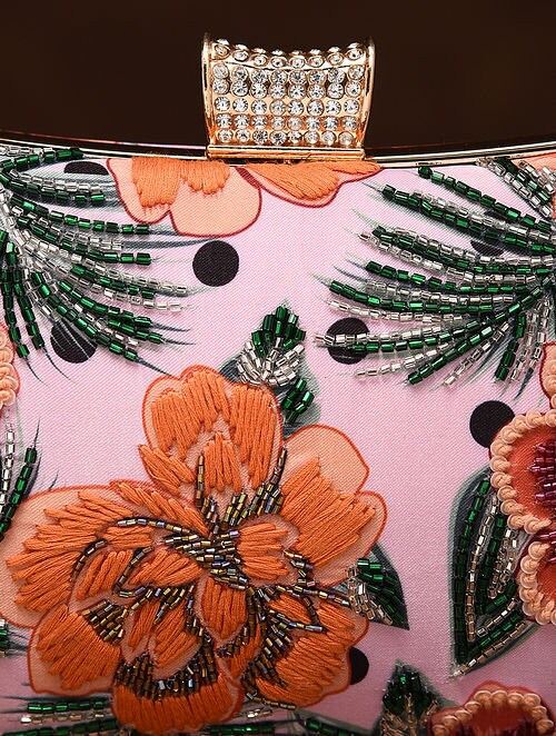 Pink Embroidered Rectangular Silk Clutch