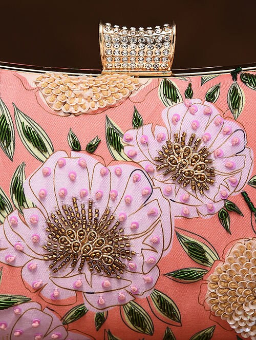 Pink Rectangular Hand Embroidered Silk Clutch