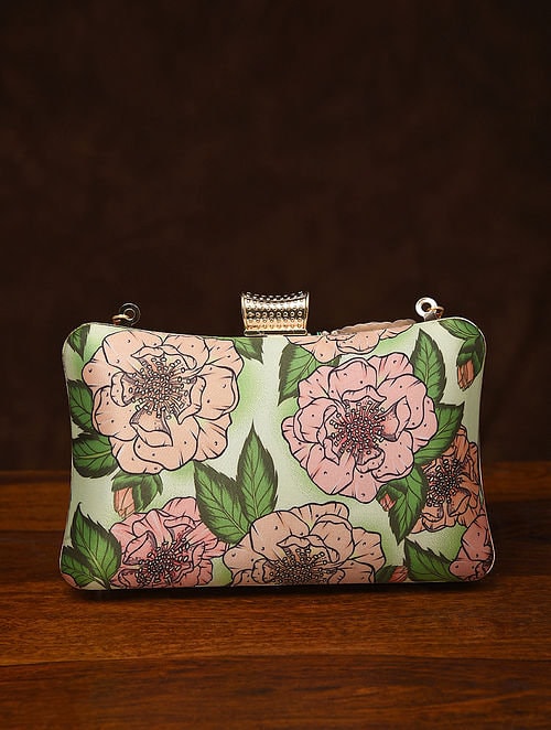 Green Rectangular Hand Embroidered Silk Clutch with Bead Work